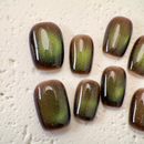 Handmade deep mocha cat-eye press-on nails with magnetic shimmer, Vlei Nails Cape Town South Africa.