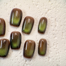 Handmade deep mocha cat-eye press-on nails with magnetic shimmer, Vlei Nails Cape Town South Africa.