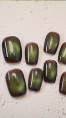 Handmade deep mocha cat-eye press-on nails with magnetic shimmer, Vlei Nails Cape Town South Africa.