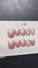 Blush pearl shimmer press-on nails with 3D white flower accents, short round